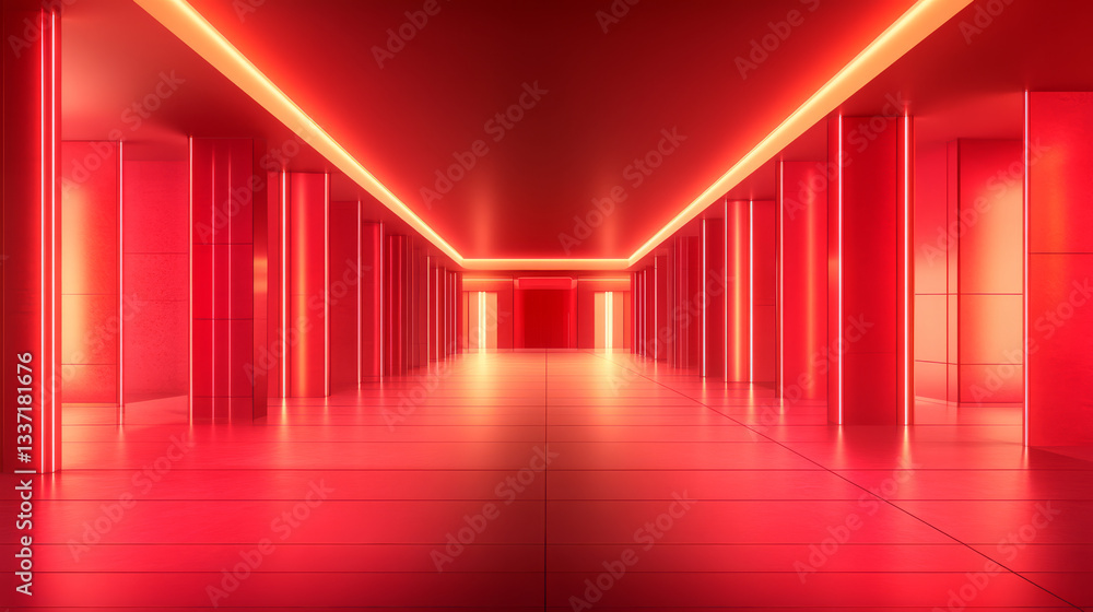 Aufkleber dark hall interior with neon red illumination and rectangular columns. realistic architecture design