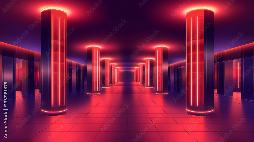 Aufkleber dark hall interior with neon red illumination and rectangular columns. realistic architecture design