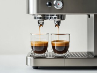  Coffee machine pouring rich espresso into two transparent cups, warm crema layer forming, clean minimalist kitchen setting in background.