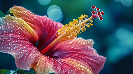Fototapeta premium A vibrant hibiscus flower detailed with water droplets, showcasing its vivid colors and intricate stamen against a blurred, dreamy background.