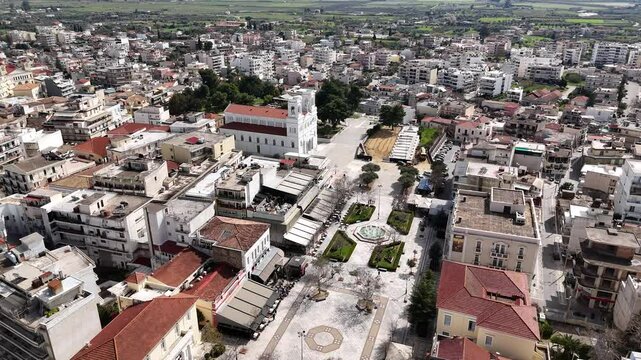 Aerial view of the main square of Pyrgos and an Agios Nicholas church, Elis, peloponnese Greece