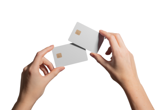 Card in hand, presenting blank plastic credit or debit card. Young female holding two cards with golden chip. Modern finance, payment, and business concept. Sunlight, gray background, promo ad layout