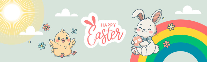 Happy Easter greeting horizontal banner. Cute Easter bunny with Easter egg and flowers in spring. Flat vector illustration on white background