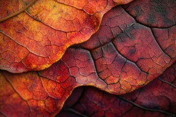 Fototapeta premium Intricate veins of autumn leaves, vibrant red and orange hues, showcasing nature's beauty.