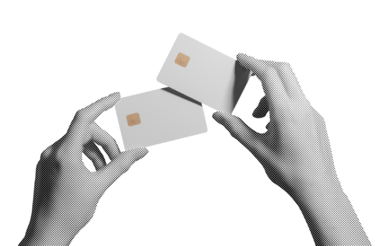 Credit card in hands, closeup view. Woman holding empty, blank debit card with chip, ready for payment. Financial choice, transaction, promoting secure electronic commerce. Isolated on white.