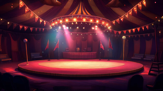Circus arena, round stage for performance, carnival show. Vector cartoon empty interior inside of cirque tent with scene, seats, flags and searchlights