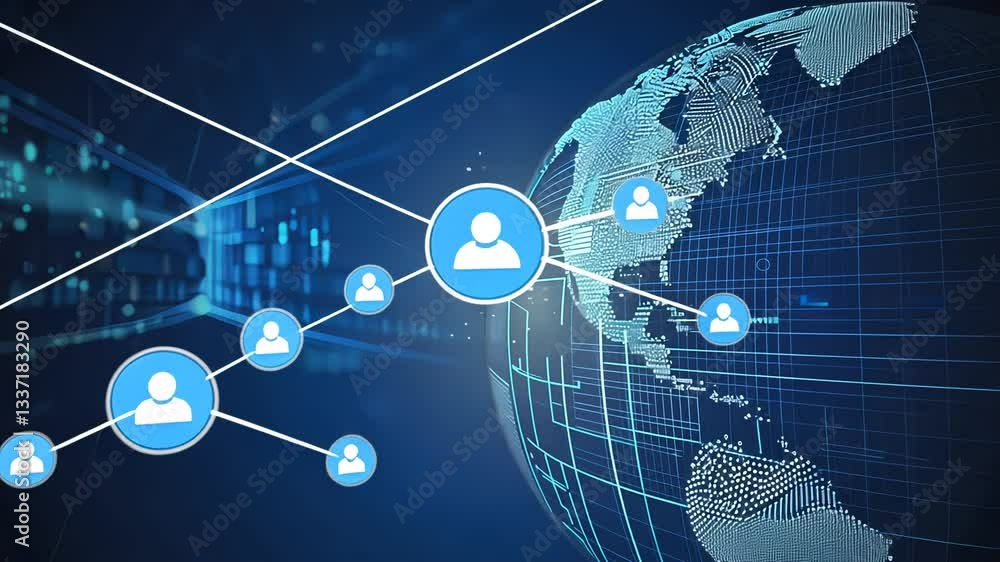 Poster global digital network connection, user interaction. networked users across globe, data flow, interc