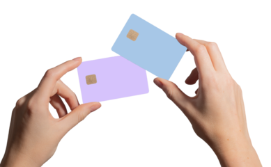 Credit card held by woman, wrist visible, showing choice for payment. Concept of banking, finance, cashback, digital purchase, and security. pastel pink and blue tones. Isolated on white background..