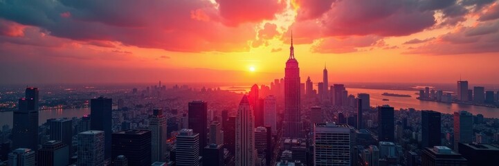 Fototapeta premium Majestic city skyline at sunset, skyscrapers dominate horizon, city, city at night