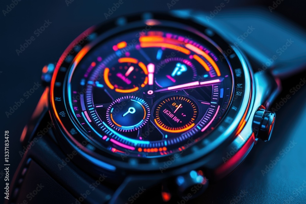 Poster futuristic smartwatch with vibrant neon display showcasing time and other data.