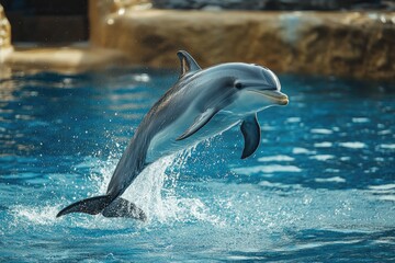 Fototapeta premium A dolphin leaps gracefully from the water, showcasing its sleek body and powerful movements.