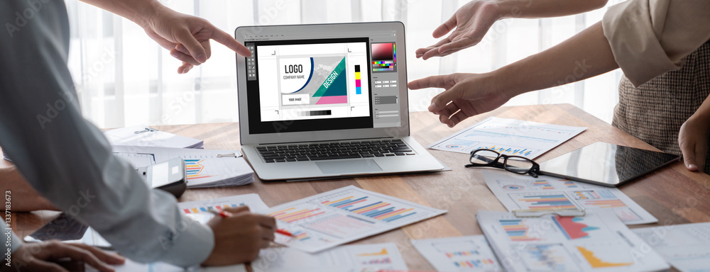 Poster Graphic designer software for modern design of web page and commercial brisk ads showing on the computer screen