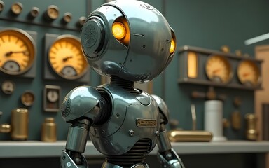 Fototapeta premium A retrofuturistic robot with a sleek glowing eyes in a 1950s-inspired laboratory filled with analog dials and futuristic technology.