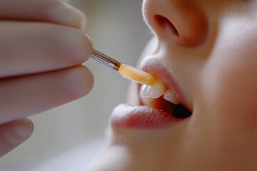 A close-up shot of a dentist applying a dental sealant to a patient's teeth.