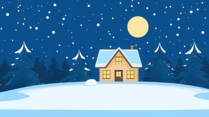 Fototapeta premium Winter Night Scene Cabin in Snowy Forest Under Full Moon