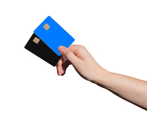 Credit card in hands, woman comparing two cards for payment, choosing digital purchase, cashback, business, finance. Abstract design, secure transaction, banking concept. Isolated on white background.