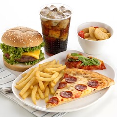 Fast food combo with burger, fries, pizza, chicken nuggets, and soda.