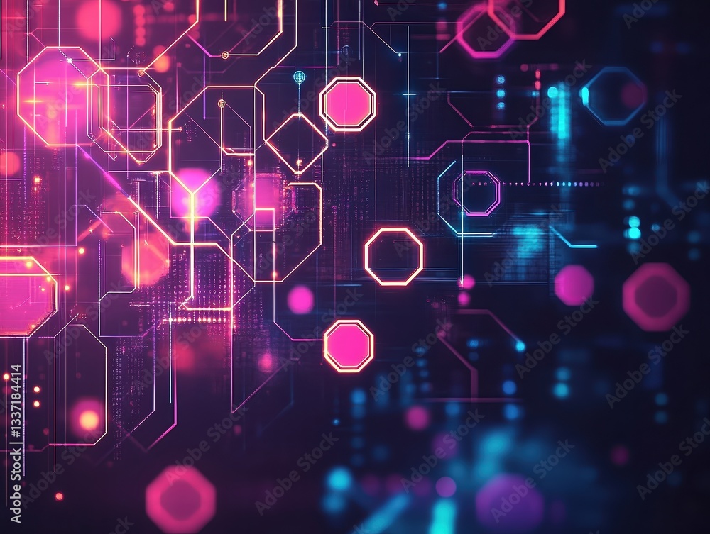 Wall mural abstract neon-lit digital network with interconnected geometric shapes, representing data flow, bloc