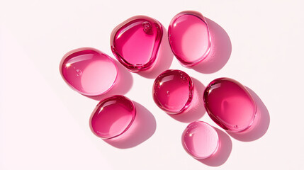 Pink gel drops set isolated on transparent background. Vector realistic illustration of abstract serum bubbles, collagen essence droplets, face skin care cosmetics swatches, moisture lotion smears