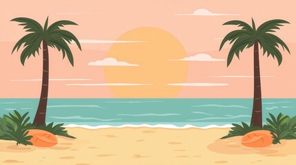 Serene Sunset Beach Scene with Palm Trees and Ocean
