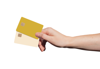 Credit card in hand. Woman holding debit card, ready to make payment. Finance, banking, shopping, digital transaction, security, and business concept. Empty background for comparison.