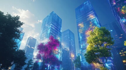 Futuristic cityscape with glowing buildings and vibrant trees.  Possible use Stock photo for architectural design, technology, or urban planning concepts