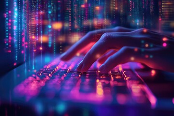 Hands typing on a glowing keyboard with colorful digital data streams in the background.