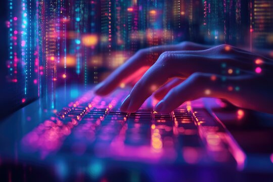 Hands typing on a glowing keyboard with colorful digital data streams in the background.