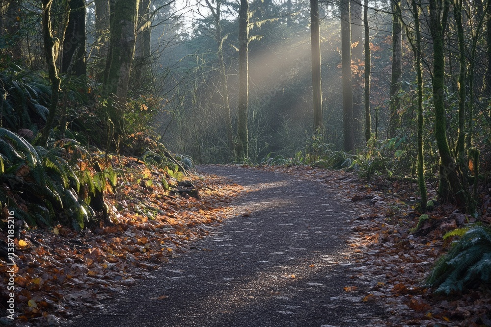 Poster sunbeams illuminate a winding forest path strewn with autumn leaves, creating a magical scene.