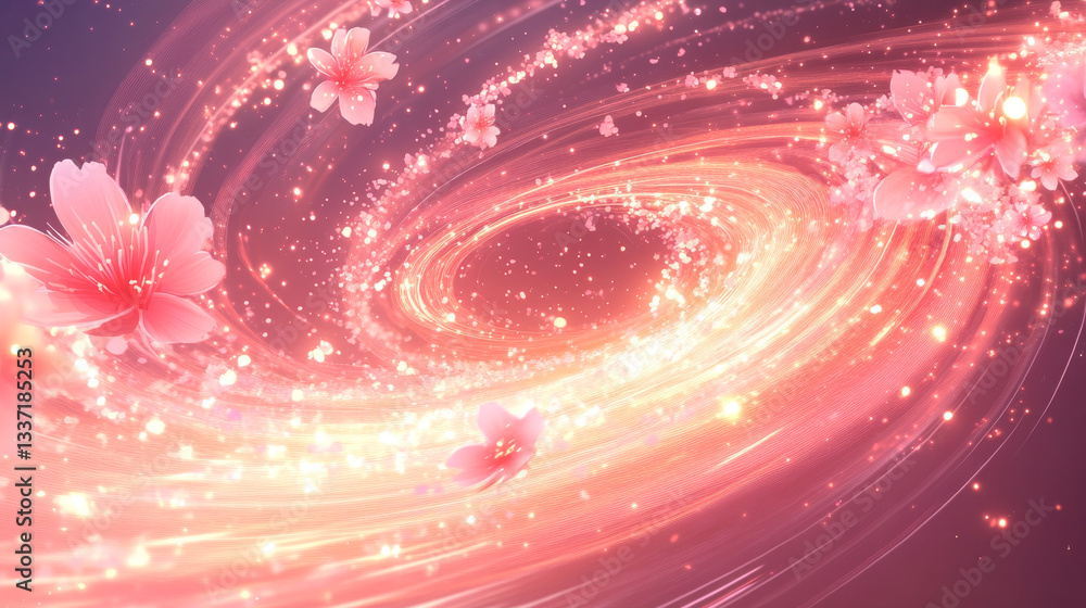 Poster pink motion light swirl and flying cherry flower petals isolated vector game element. set of speed t