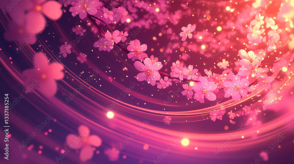 Poster pink motion light swirl and flying cherry flower petals isolated vector game element. set of speed t