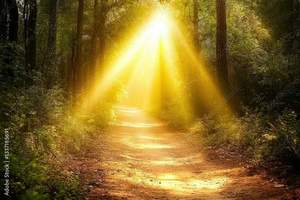 Poster sunbeams illuminate a path through a mystical forest, creating a magical and serene atmosphere.