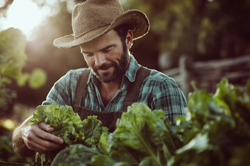 Man gardening and harvesting fresh lettuce in a sunlit farm setting showcasing hard work and dedication