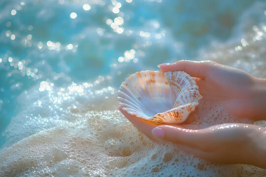 Woman's hands gently hold a seashell amidst ocean waves, showcasing serenity and summer's beauty.