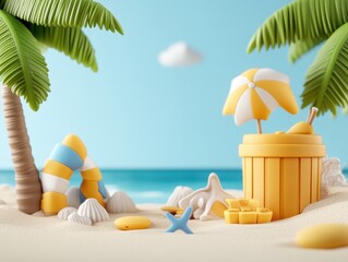 Fototapeta premium Colorful beach scene with toys, palm trees, and ocean backdrop, ideal for summer themes