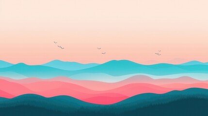 Serene Pastel Mountainscape at Dawn with Birds in Flight