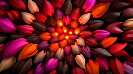 Vibrant, stylized petals encircle glowing lights