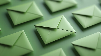 3D mail icons set isolated on white with shadows. Vector realistic illustration of open green envelopes with blank letter sheets, greeting card mockups, business message notification, email symbols