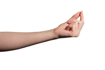 Female hand delicately pinching a tiny invisible object between the thumb and index finger,...