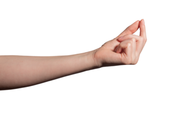 Female hand delicately pinching a tiny invisible object between the thumb and index finger, symbolizing precision, small size, or careful selection. Natural and subtle grip. Isolated on white.