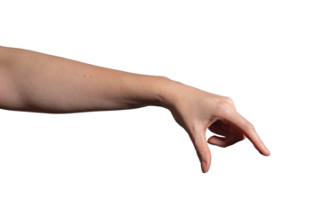 Female hand delicately holding an invisible object between the thumb and index finger, symbolizing precision grip and careful selection. Natural position with a subtle, fine motor gesture. Isolated