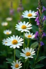 Fototapeta premium Close-up of chamomile blossoms amongst vibrant foliage , background, nature