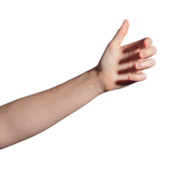 Female hand grasping invisible bottle, gesture symbolizing holding or presenting a product. Natural wrist and fingers in a gripping pose. Isolated on white background..