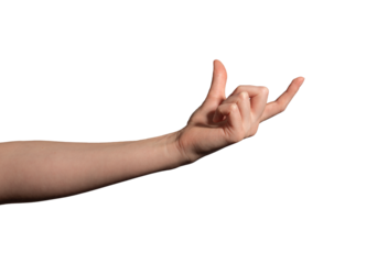 Female hand holding an invisible large object between the thumb and index finger, grip, grasp. Natural gesture. Isolated on white background..