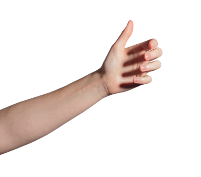 Female hand grasping invisible bottle, gesture symbolizing holding or presenting a product. Natural wrist and fingers in a gripping pose. Isolated on white background..