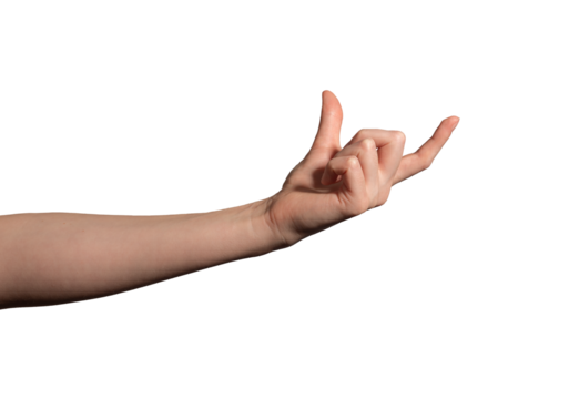 Female hand holding an invisible large object between the thumb and index finger, grip, grasp. Natural gesture. Isolated on white background..