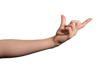 Female hand holding an invisible large object between the thumb and index finger, symbolizing grip,...