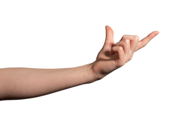 Female hand holding an invisible large object between the thumb and index finger, symbolizing grip, grasp, or presentation. Natural position with a precise and open gesture. Isolated on white.