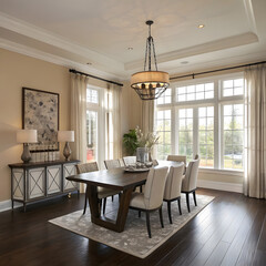 A cozy yet refined dining space featuring a wooden table, cream-colored chairs, a soft-toned rug, and an elegant chandelier, illuminated by natural light through large windows.