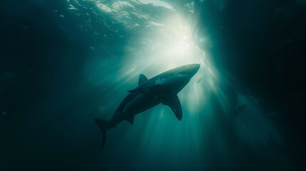 Obraz premium Great white shark (Carcharodon carcharias) swimming near a coastal reef, powerful marine predator patrolling its hunting grounds.